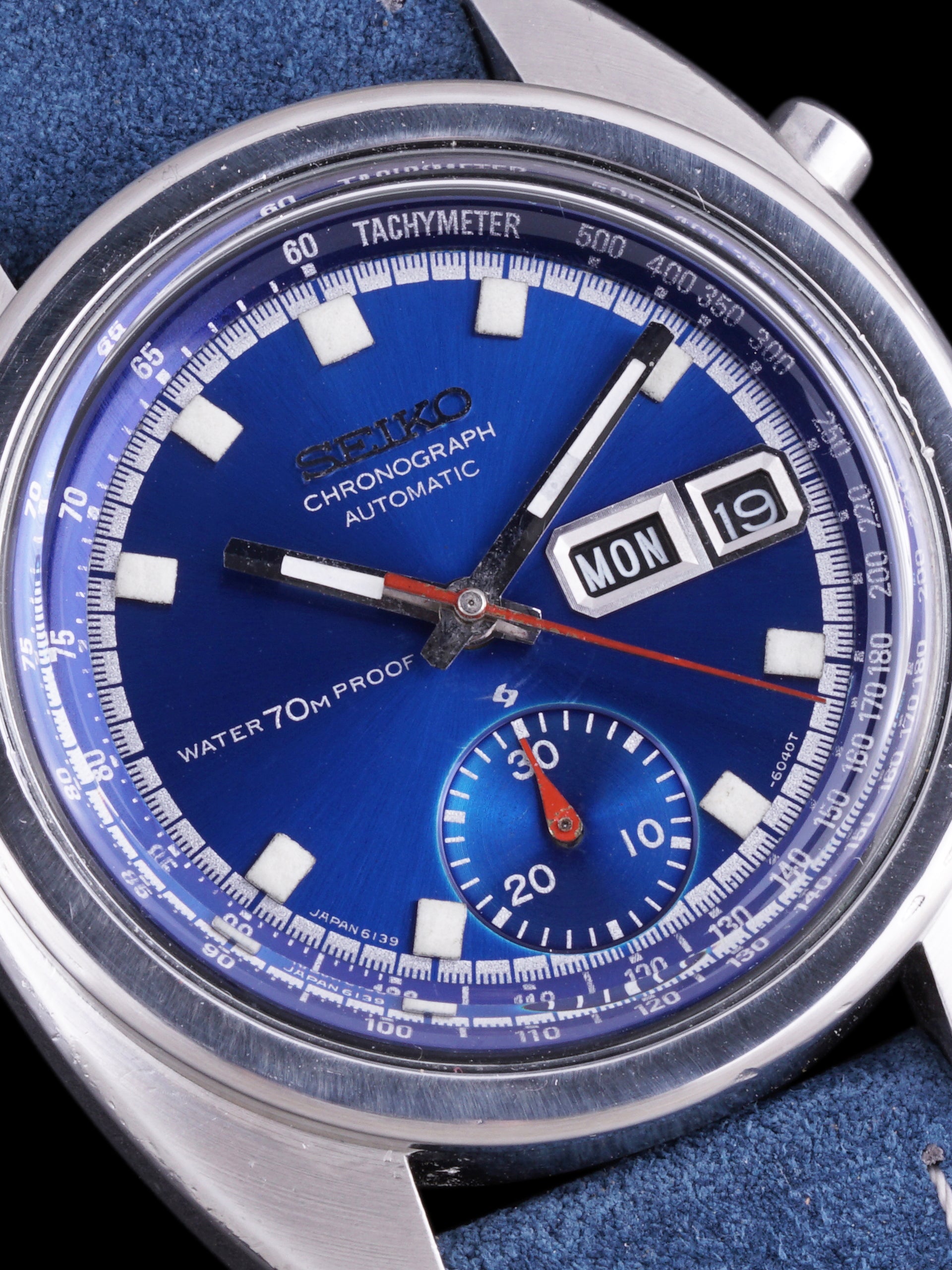 Seiko 6139-6010, Blue Dial. Documented specimen has a partially repaired minute hand. Photo: Craft + Tailored. · Photo: Craft + Tailored · © Craft + Tailored, used with permission · Source: https://www.craftandtailored.com/products/1969-seiko-chronograph-ref-6139-6010