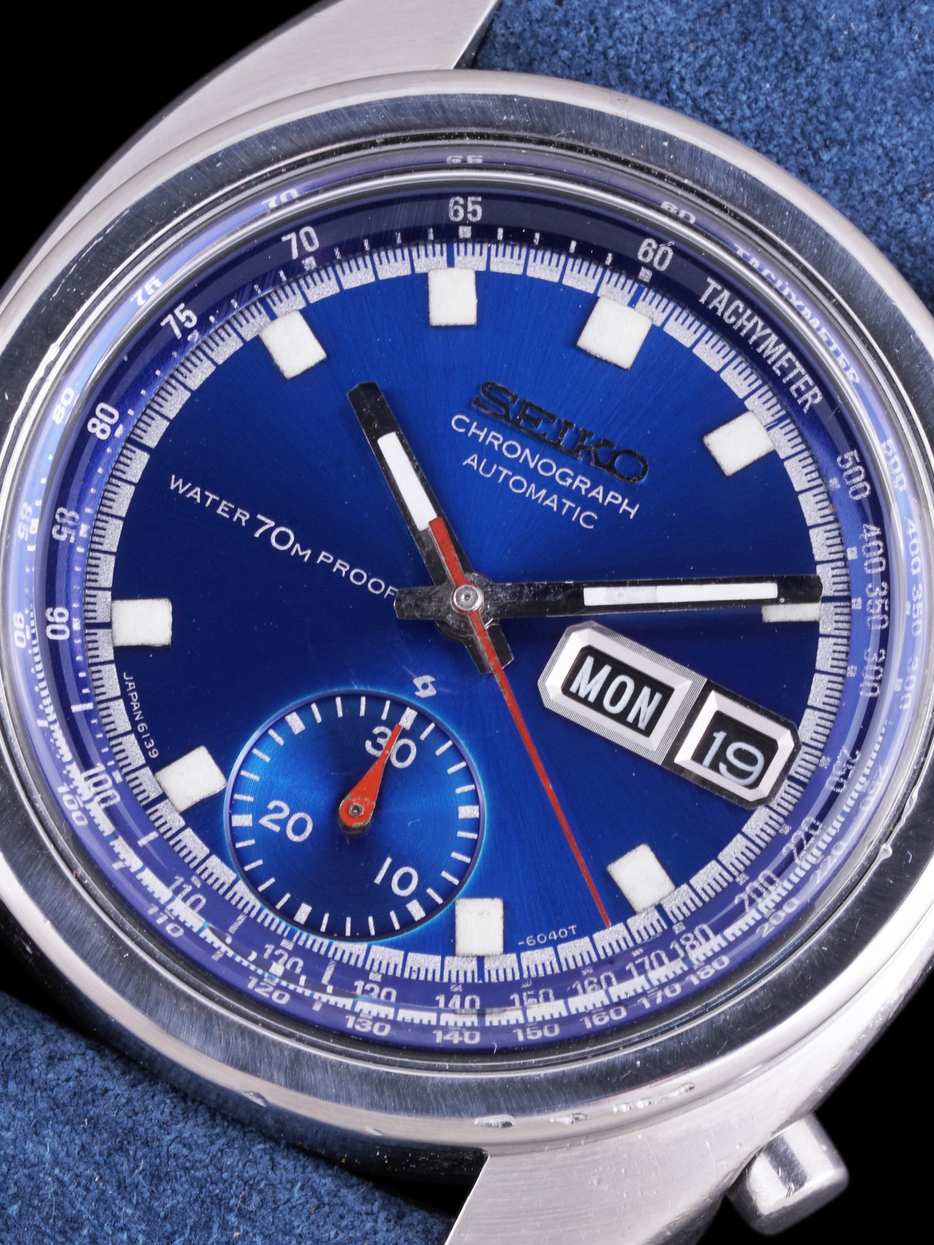 Seiko 6139-6010, Blue Dial. Documented specimen has a partially repaired minute hand. Photo: Craft + Tailored. · Photo: Craft + Tailored · © Craft + Tailored, used with permission · Source: https://www.craftandtailored.com/products/1969-seiko-chronograph-ref-6139-6010