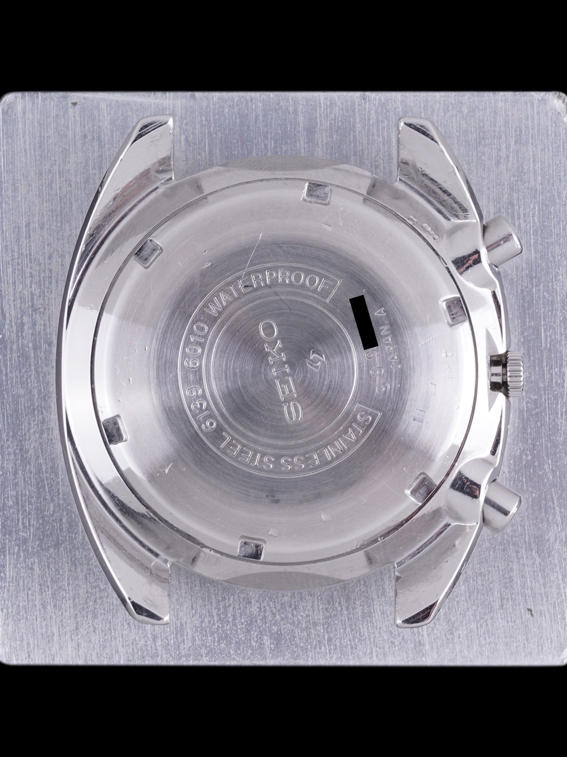 Seiko 6139-6010, Blue Dial. Documented specimen has a partially repaired minute hand. Photo: Craft + Tailored. · Photo: Craft + Tailored · © Craft + Tailored, used with permission · Source: https://www.craftandtailored.com/products/1969-seiko-chronograph-ref-6139-6010