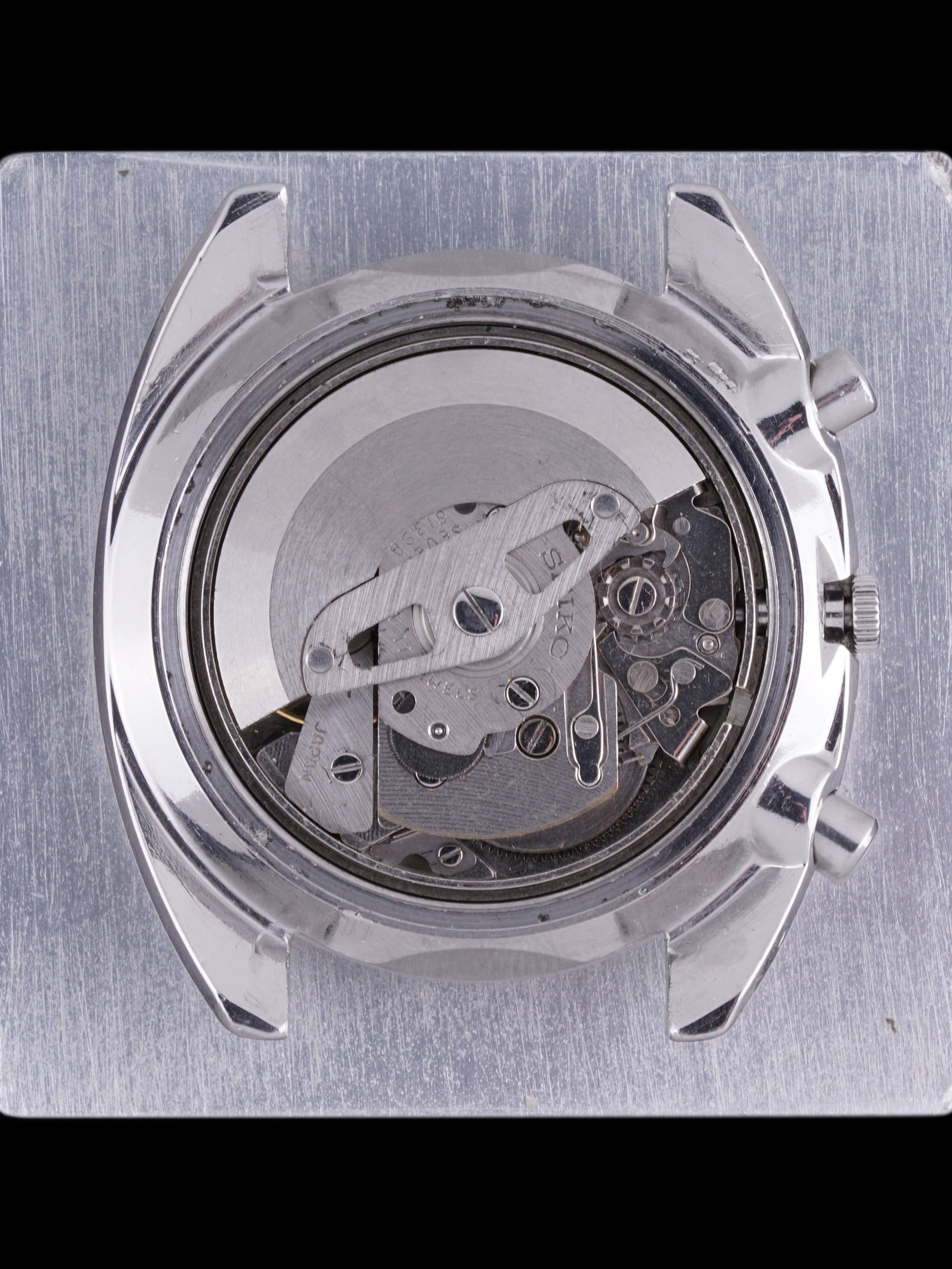 Seiko 6139-6010, Blue Dial. Documented specimen has a partially repaired minute hand. Photo: Craft + Tailored. · Photo: Craft + Tailored · © Craft + Tailored, used with permission · Source: https://www.craftandtailored.com/products/1969-seiko-chronograph-ref-6139-6010