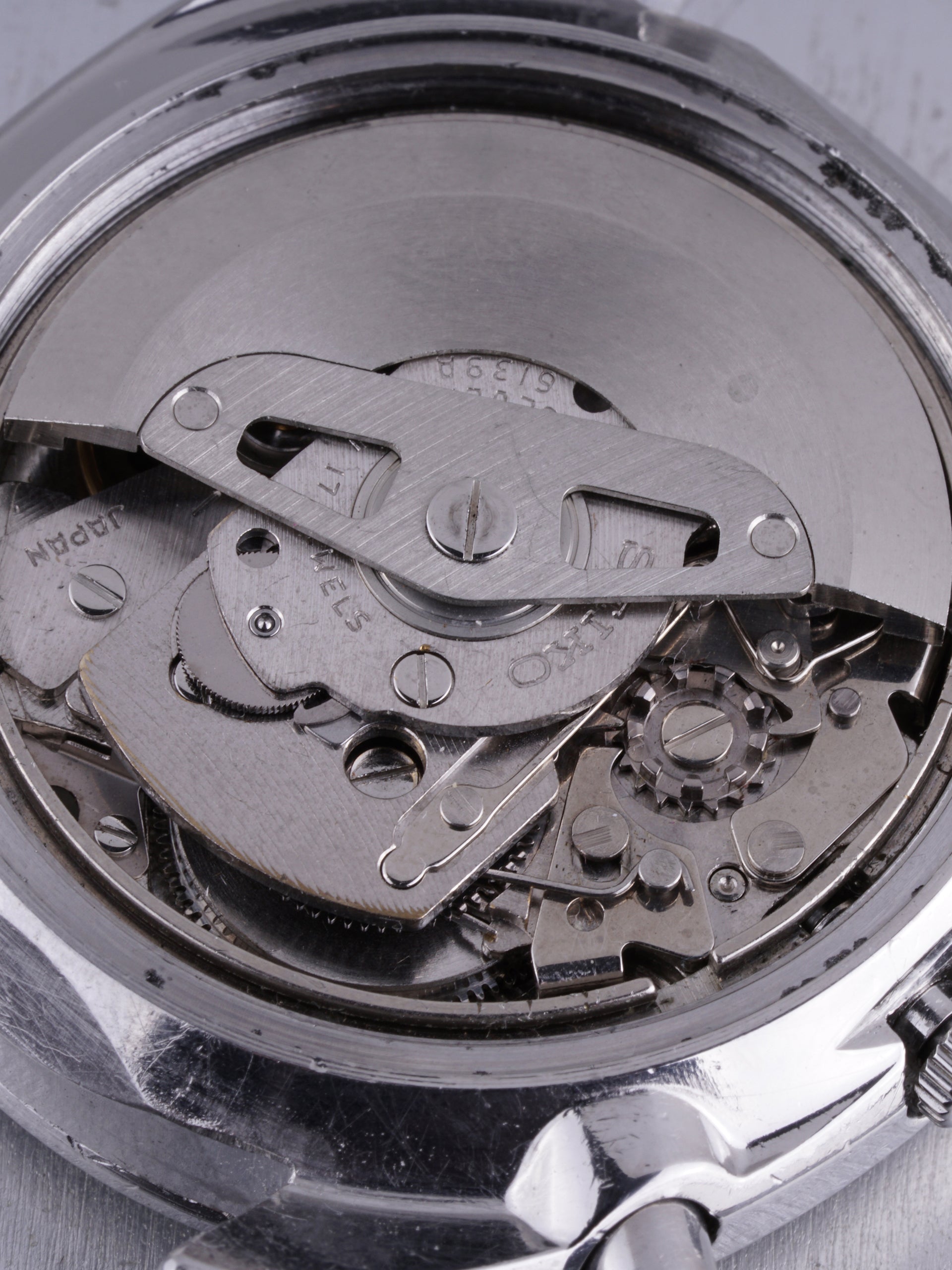 Seiko 6139-6010, Blue Dial. Documented specimen has a partially repaired minute hand. Photo: Craft + Tailored. · Photo: Craft + Tailored · © Craft + Tailored, used with permission · Source: https://www.craftandtailored.com/products/1969-seiko-chronograph-ref-6139-6010
