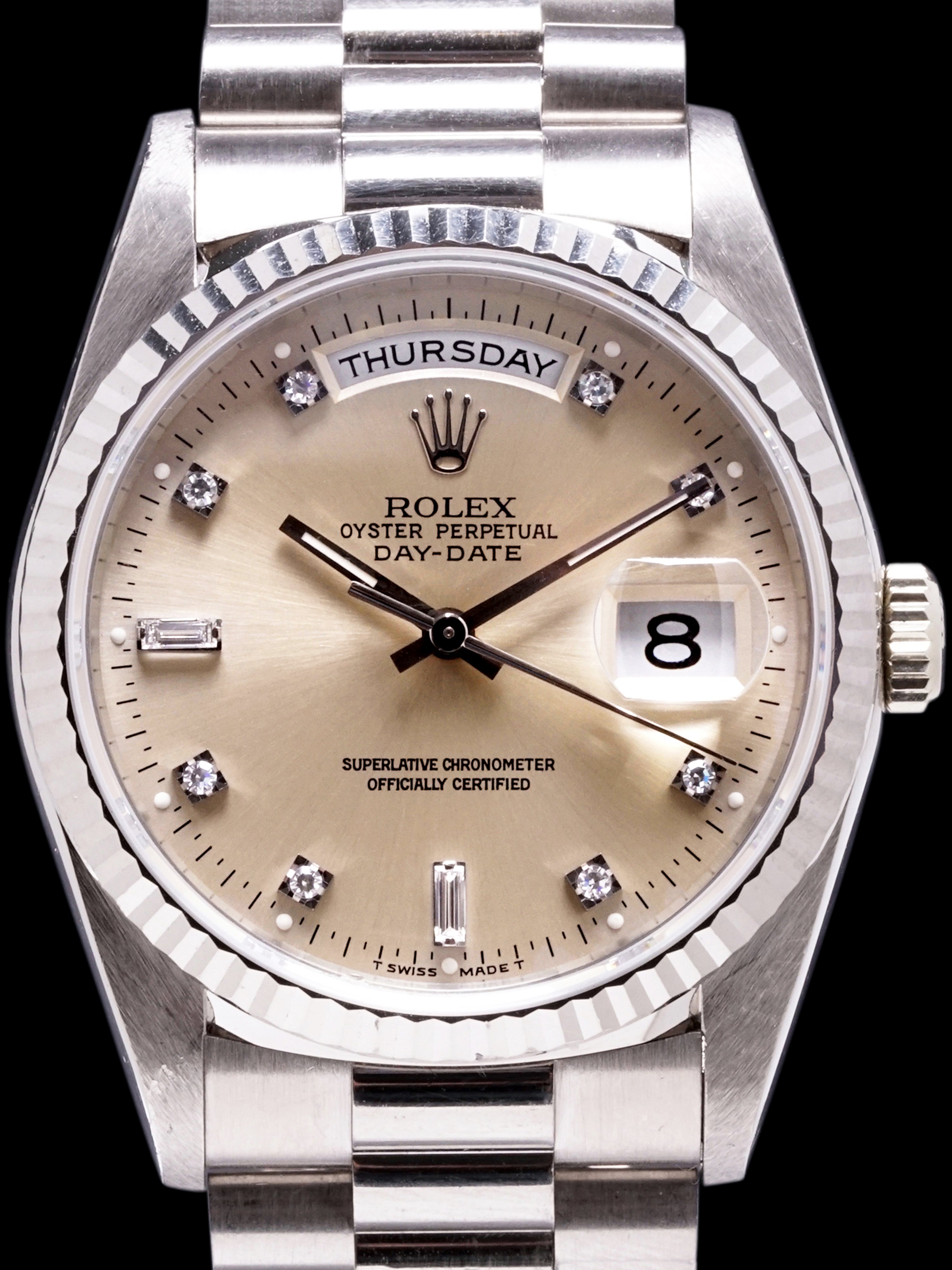 *Unpolished* 1991 Rolex Day-Date 18k WG (Ref. 18239) Silver Diamond Dial