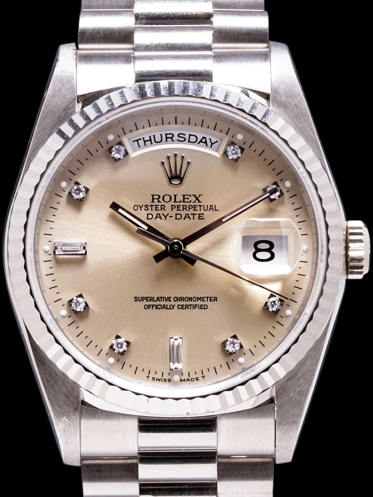 *Unpolished* 1991 Rolex Day-Date 18k WG (Ref. 18239) Silver Diamond Dial
