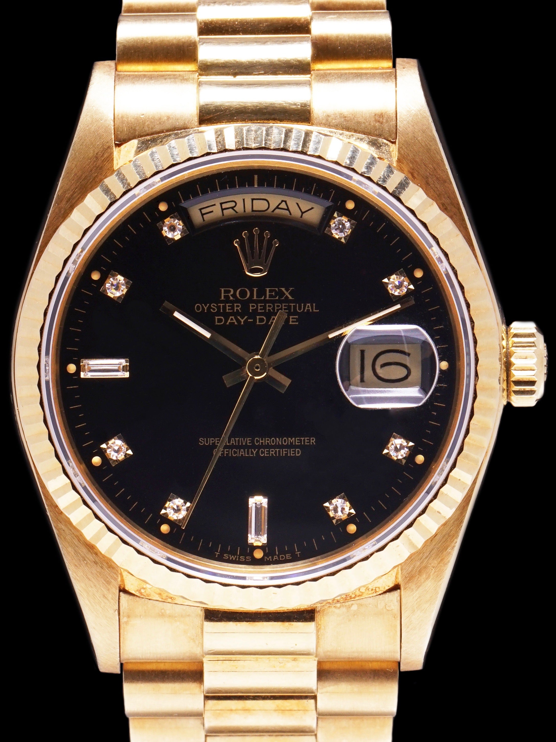 **Unpolished** 1987 Rolex Day-Date (Ref. 18038) Black Factory Diamond Dial With Box and Booklets