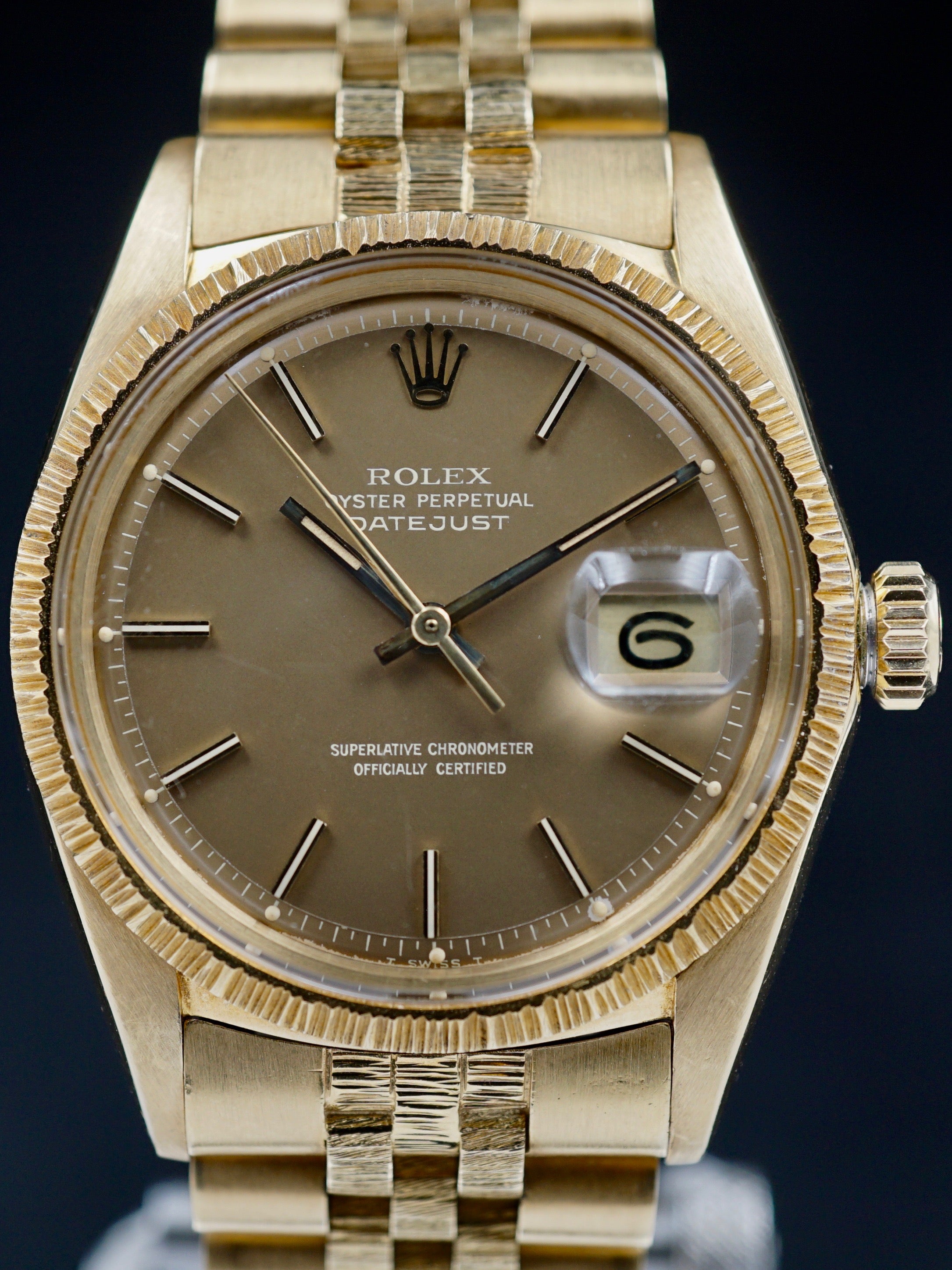1972 Rolex 1607 Datejust 18k YG Bark "Taupe Dial"