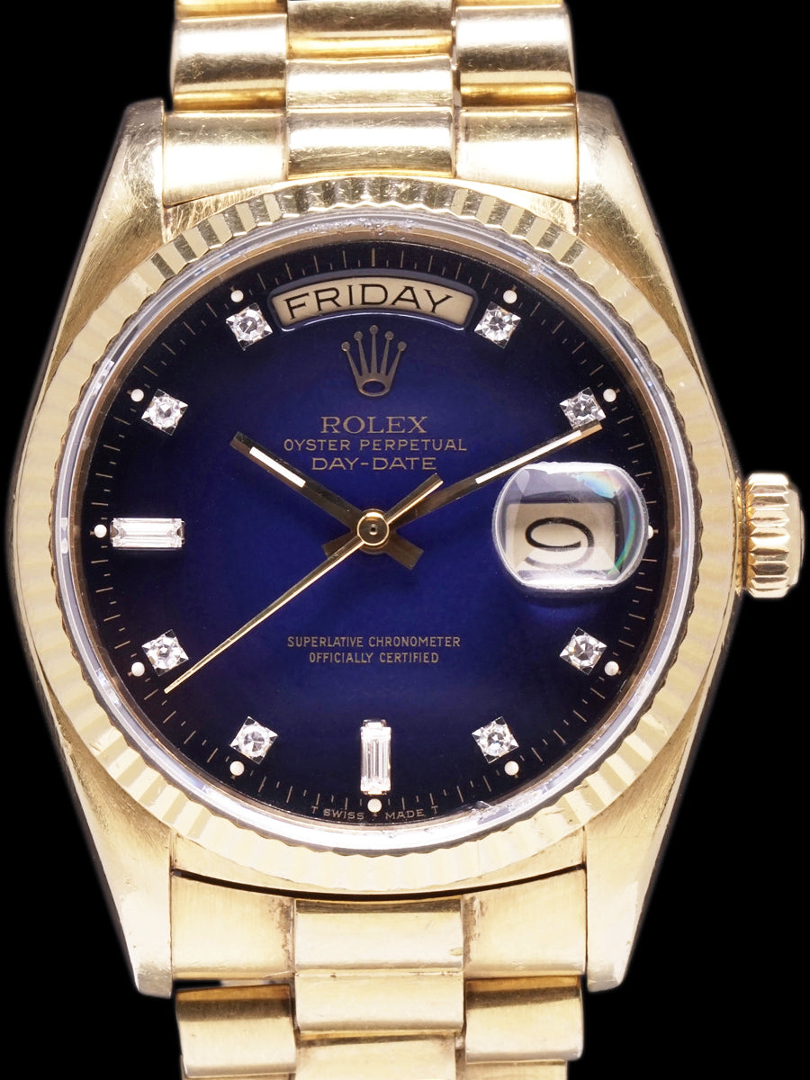 1986 Rolex Day-Date (Ref. 18038) "Factory Blue Vignette Diamond Dial"