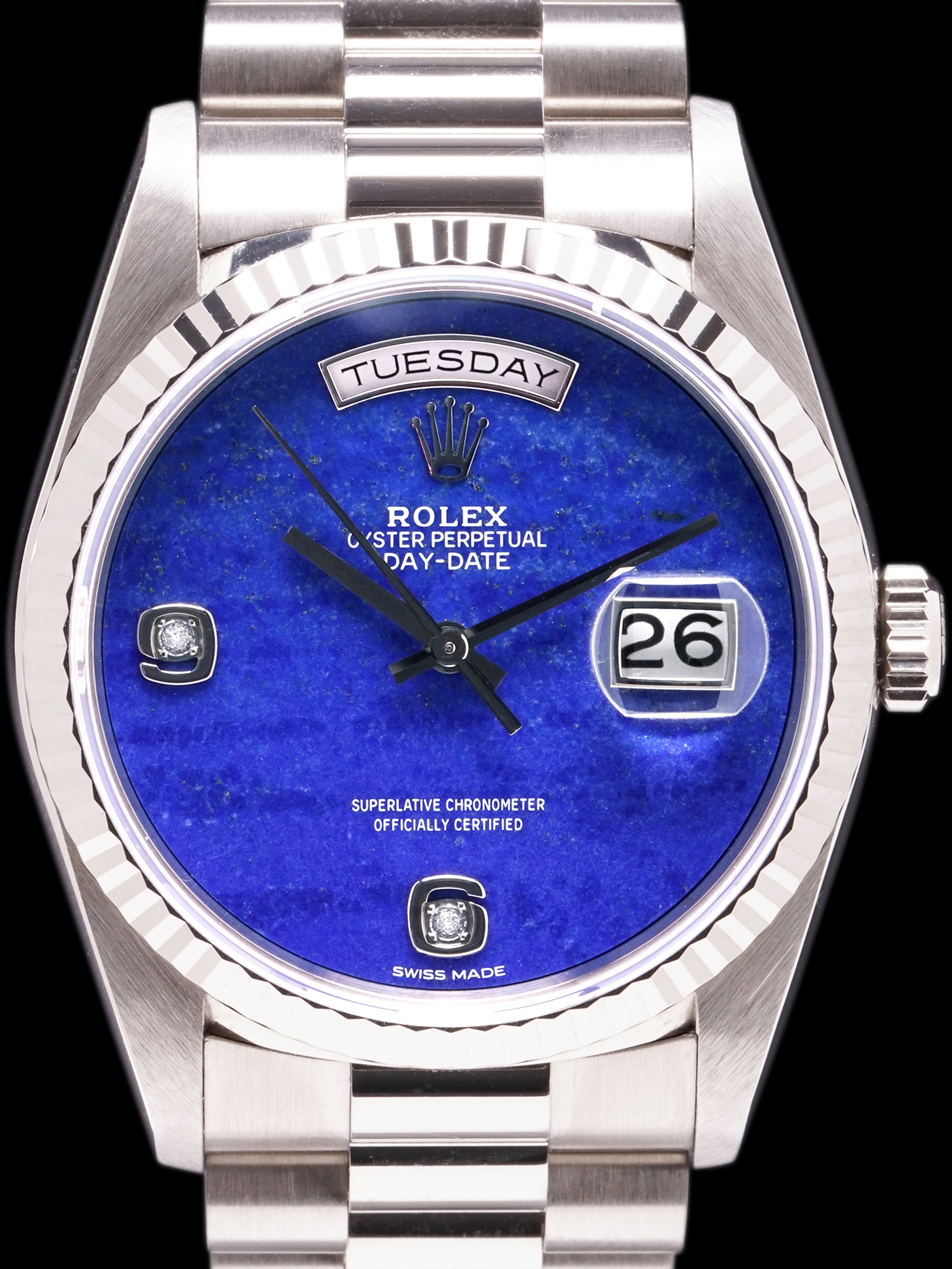 *Unpolished* 1991 Rolex Day-Date (Ref. 18239) 18k WG Lapis Dial W/ Box, Hangtags & RSC Card