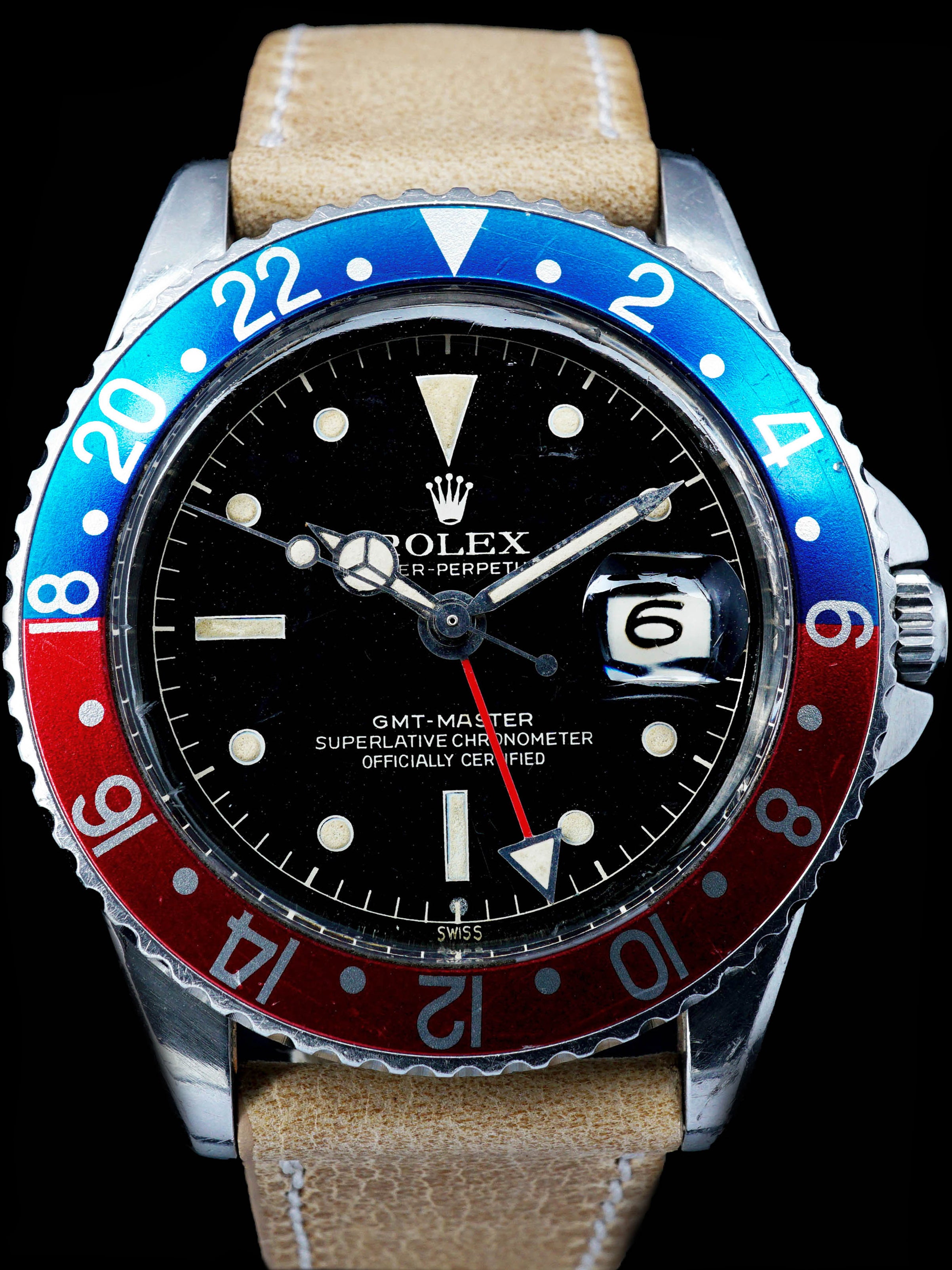 1960 Rolex GMT-Master 1675 with Pointed Crown Guard Case, Gilt Exclamation Dial