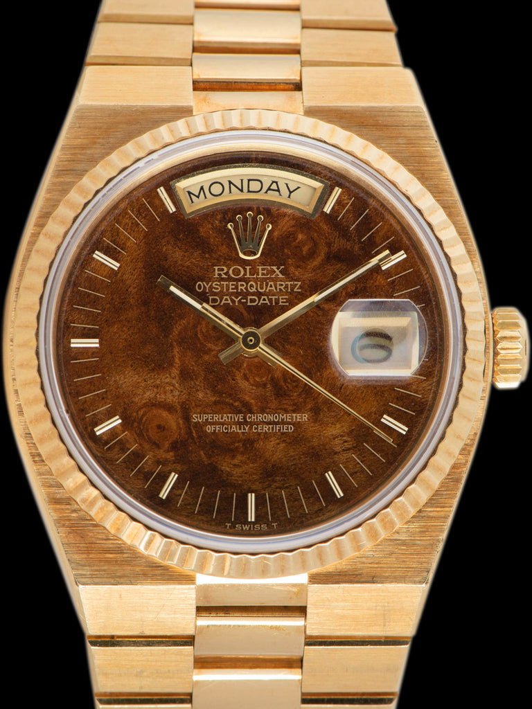 *Unpolished* 1979 Rolex Oysterquartz Day-Date 18K YG (Ref. 19018) Burlwood Dial W/ Box & Papers