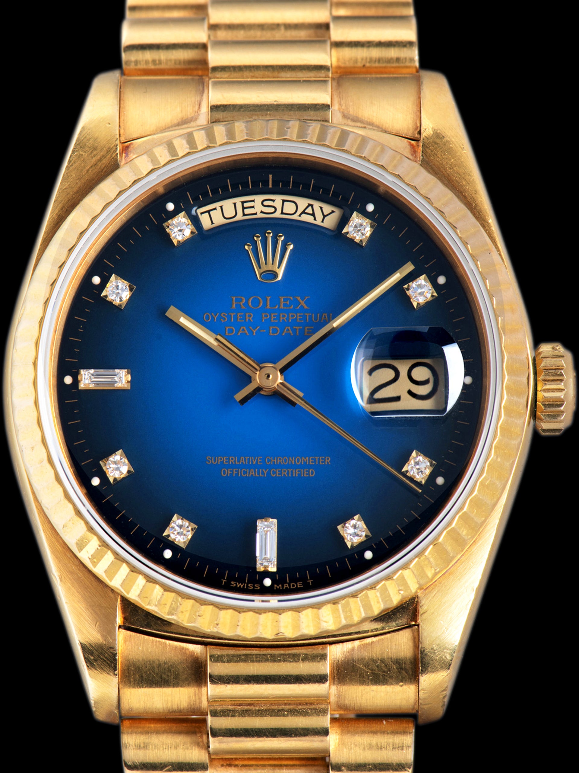 1986 Rolex Day-Date 18K YG (Ref. 18038) Blue Vignette Diamond Dial W/ Papers
